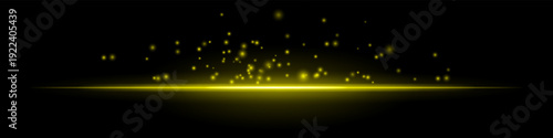 Bright glowing horizon particles composition. Bright horizontal light line, scattered spark dots above, radiant center, dark gradient backdrop, fiery atmosphere, floating embers, luminous glow texture