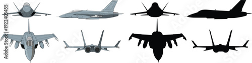 Military fighter jet aircraft set with detailed plane views and black silhouettes, front, side, top and rear angles, aviation illustration isolated on white.