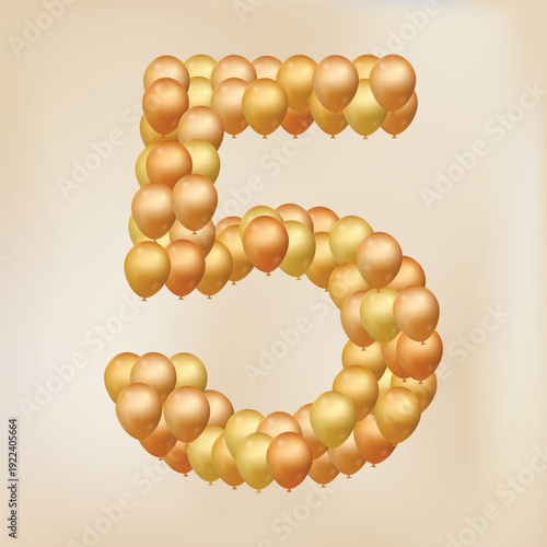 Number 5 from gold balloons, for celebration, birthday
