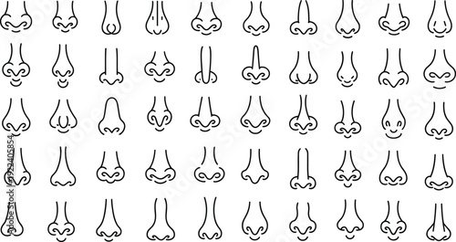 Nose line art icon set with multiple human nose shapes, minimal black outline facial feature collection for character design, medical infographic, isolated.