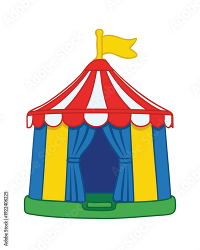 Vibrant colorful circus tent toy with red and white striped pattern and bright yellow flag on top. Vector isolated illustration