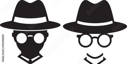 Two stylized black icons representing men wearing fedora hats and glasses, suggesting mystery, espionage, or individuality.