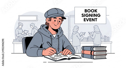 Young man signing books at a book signing event with a stack of books and people in the background