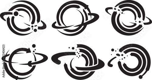Set of six black planet and ring system icons