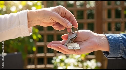 Person handing house keys with keychain to another hand outdoors
