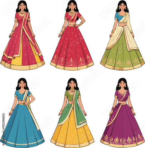 Create a kinds of deferent modern smart woman lehenga Vector art with white background..