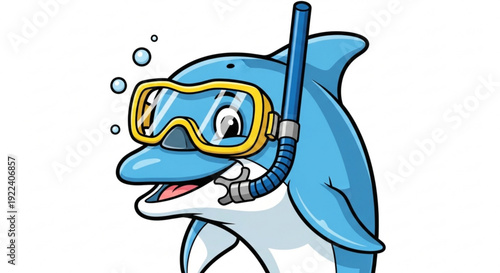 Smiling cartoon dolphin wearing yellow snorkeling goggles and breathing tube on white background
