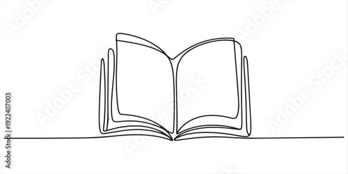 Continuous one line drawing of book opening vector graphic illustration. Education books line art vector illustration, education concept. Open book continuous one line drawing illustration.