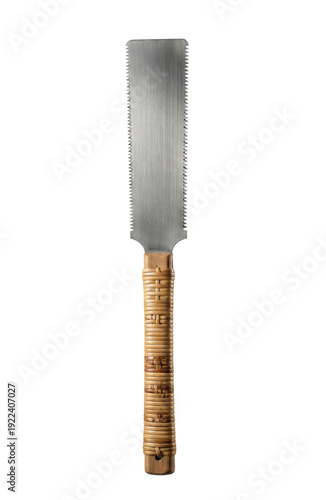 Small hand saw with rattan wrapped handle isolated. Japanese woodworking craft tool.
