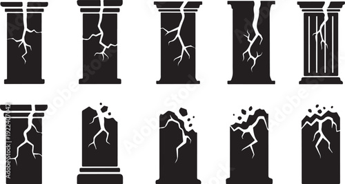 Cracked and broken ancient stone pillars in black silhouette