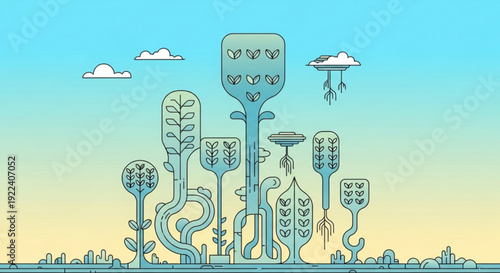 Futuristic alien plants and cityscape with ufos in a vibrant gradient sky