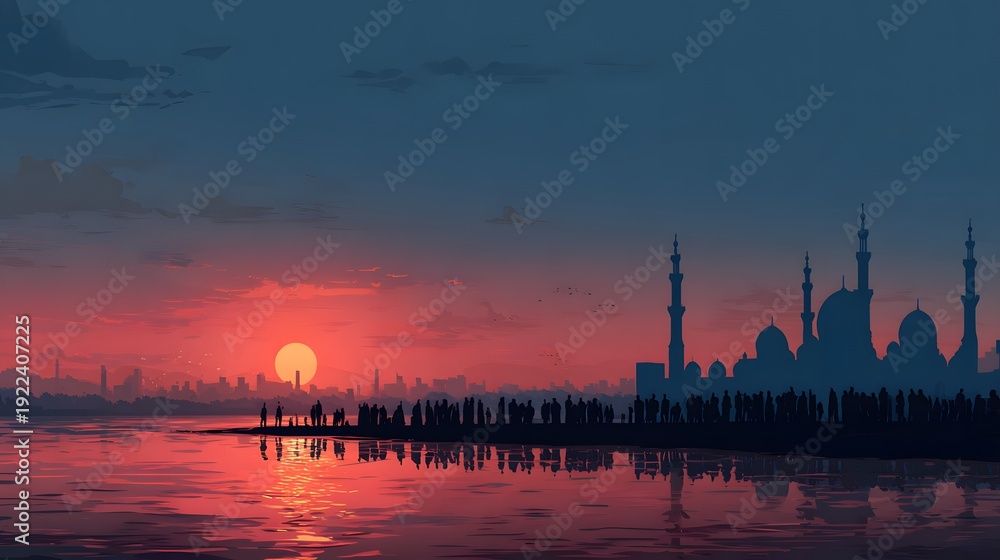 Naklejka premium Radiant Eid prayer scene sunrise