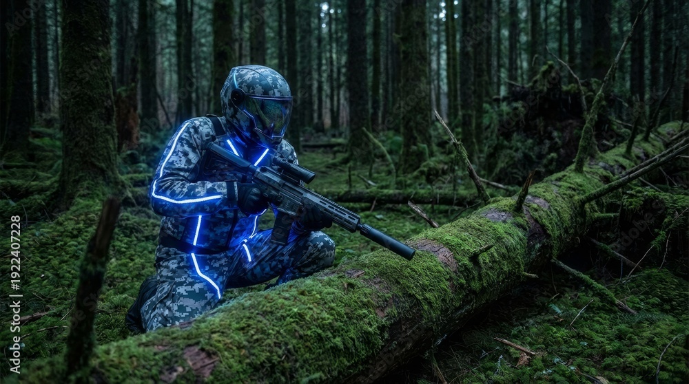 Obraz premium Future soldier in advanced tactical gear and glowing suit holding an assault rifle, crouching behind a moss-covered fallen tree while patrolling a dark, dense forest environment