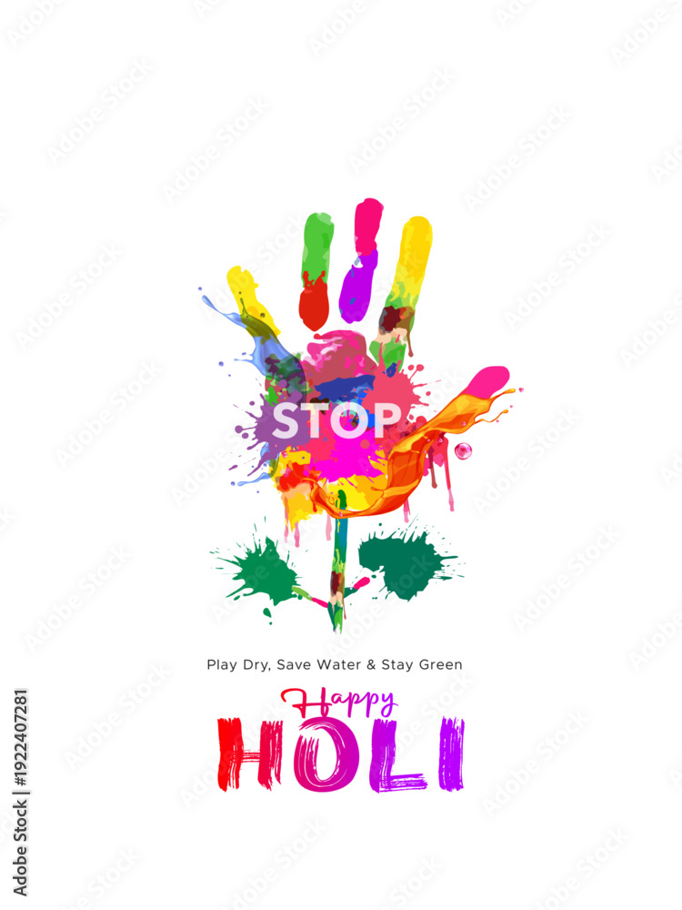 Fototapeta premium Creative concept for Holi festival of colors. Colorful hand print formed in eco plant for social awareness and water saving theme. 