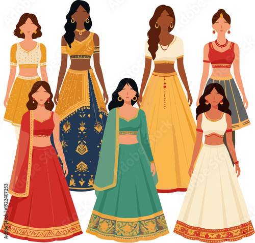 Create a kinds of deferent stylish women in lehengas, diverse skin tones and fabrics vector art with white background..