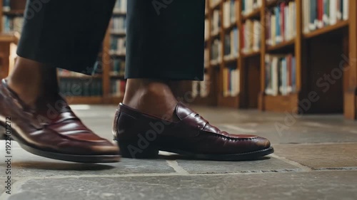 Stylish man in dark trousers and classic brown leather loafers walks through a grand library with towering bookshelves creating an atmosphere of sophistication and knowledge