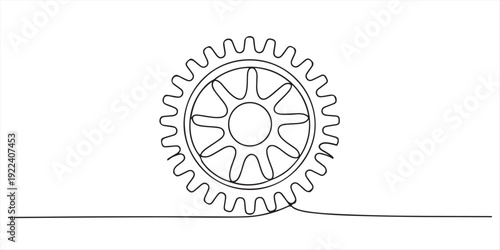 A continuous one line drawing of a gear or cogwheel connected by a wavy path symbolizing process and engineering, ideal for technology presentations or business solution infographics.  