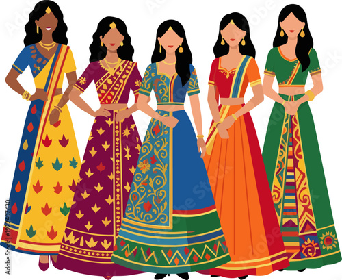 Create a kinds of deferent women wearing stylish lehengas, vector flat shapes,, diverse silhouettes, bold patterns vector art with white background.