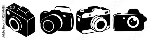 Set of four modern vintage cameras vector icons, flat design silhouette pack, black and white photography equipment illustrations, minimalist graphic art