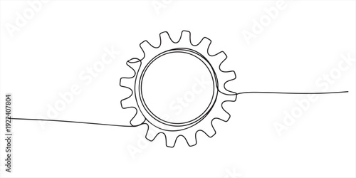 A continuous one line drawing of a gear or cogwheel connected by a wavy path symbolizing process and engineering, ideal for technology presentations or business solution infographics.  