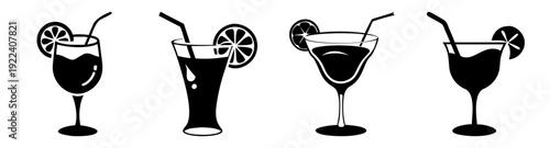 Cocktail Glass Silhouette Vector Icon Set with Martini Wine and Rooster Design Elements Minimalist Black