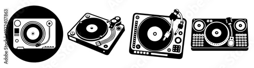 Silhouette vector icon pack of DJ turntables and mixer set for music production and nightlife design elements