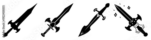 Silhouette vector icon pack of medieval knight swords and armor set isolated on white background