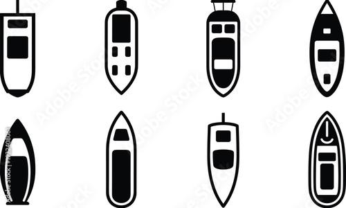 Set of eight boat and yacht top view silhouettes, black and white marine transport icons for navigation, shipping, cruise, and nautical design.