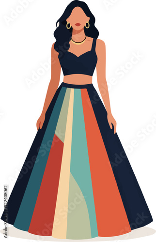 Create a realistic modern smart women in lehengas, vector art, clean white background, varied poses, vibrant color palettes vector art with white background.