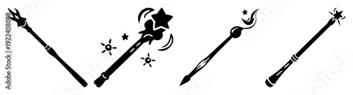 Silhouette vector icon pack of magic wands and fantasy staffs with stars and sparkles for game design and fantasy themes