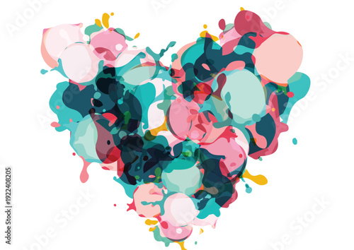 Abstract Heart Shape Made of Colorful Paint Splatter and Ink Splash. Artistic Vector Design on White Background.