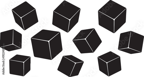 Black cubes floating in white space digitally illustrated