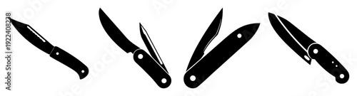 Set of four black pocket knife vector icons in silhouette style for camping, survival, and outdoor tools design pack