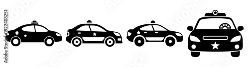 Police car vector icon set, black silhouette law enforcement vehicles, flat design traffic patrol icons, minimalist security transportation graphics