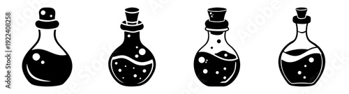Silhouette vector icon set of four mystical potion bottles with cork stoppers for magic, alchemy, fantasy, and game design