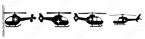 Silhouette helicopter vector icons set flying rescue medical transport emergency air ambulance isolated black line art