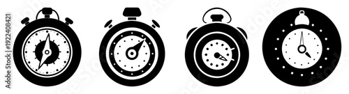 Set of four minimalist stopwatch and timer vector icons in black and white silhouette style for infographics and web design