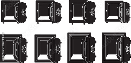 Multiple black safe boxes in various open positions illustration
