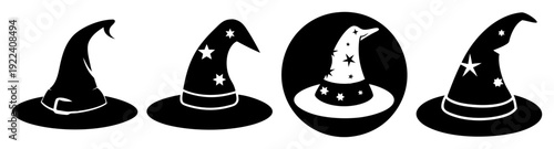 Halloween witch wizard hat silhouette icon set vector black magic sorcery minimalist design