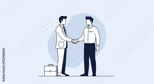 Two businessmen shaking hands in a professional setting with a briefcase