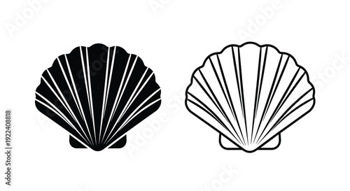 Set of two scallop seashell icons one presented as a solid black silhouette and the other as a simple black outline design for graphic use