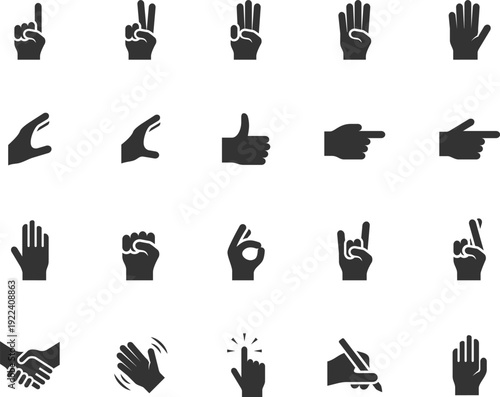 Vector set of hand flat icons. Contains icons waving, holding, pointing, writing, clicking, handshake and more. Pixel perfect.