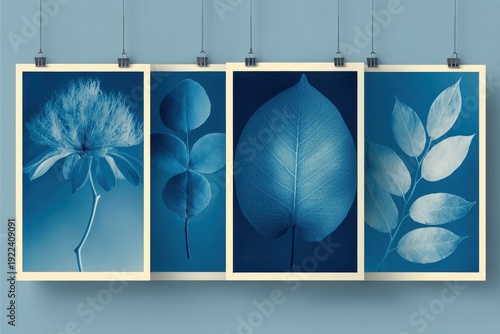 A set of four blue and white floral prints