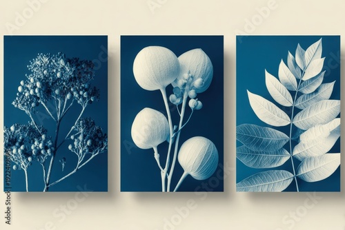 A set of four blue and white floral paintings