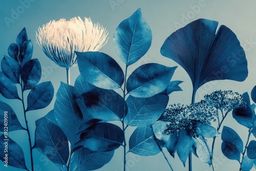 A blue flower with white petals on a blue background