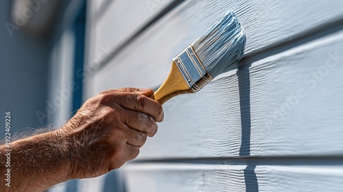 Hand of man painting wooden house siding with brush and light paint