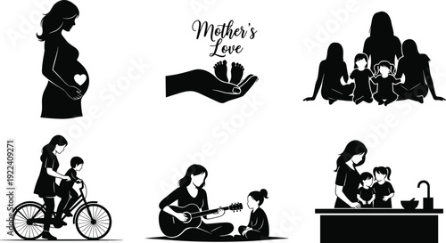 Black silhouette collection of mothers and children illustrating pregnancy, playing guitar, riding bicycle, cooking, and newborn baby feet in caring hands