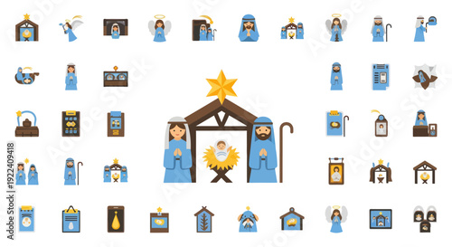 Christmas Nativity Scene Icons Set: Holy Family, Angels, Stable, Star, Shepherd