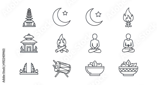 Collection of Line Icons: Asian Temples, Crescent Moons, Bonfires, Meditation, Drum, Food Bowls