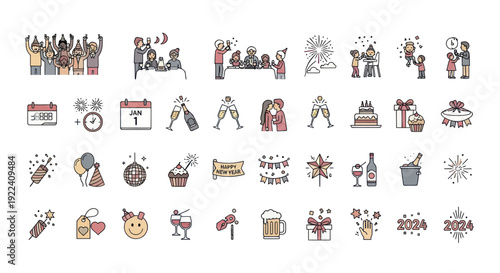 New Year Celebration Icons: Party, Fireworks, Gifts, Champagne, Calendar, Balloons, Cake